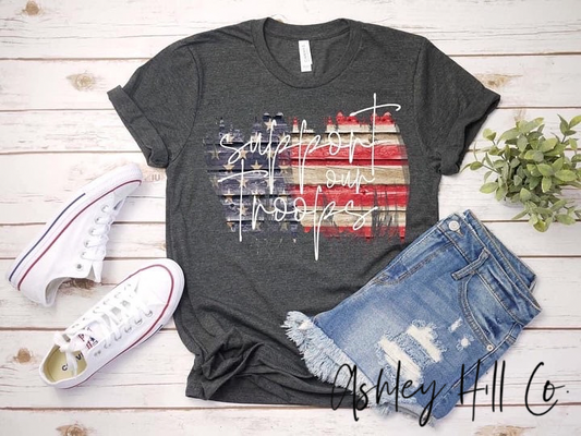 Support Our Troops with Flag Crew Neck Tee