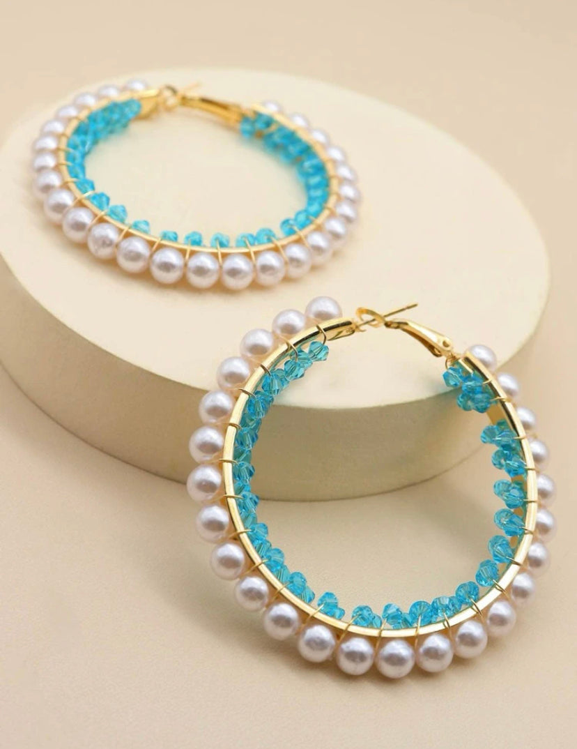 Turquoise, Gold, and Pearl Hoop Earrings