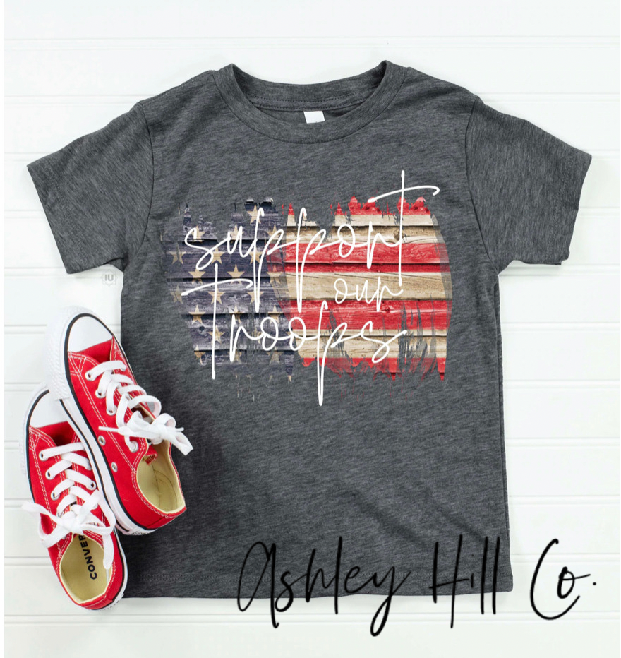 Support Our Troops with Flag Crew Neck Tee