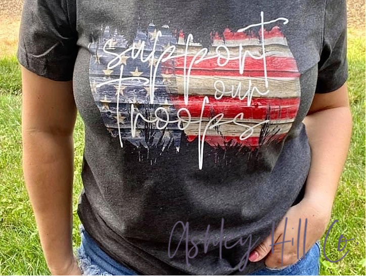 Support Our Troops with Flag Crew Neck Tee