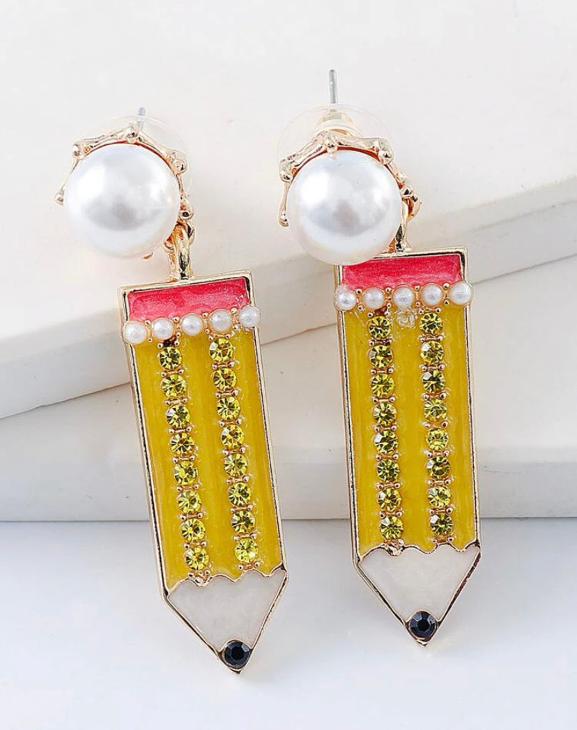 Pencil and Pearl Dangle Earrings